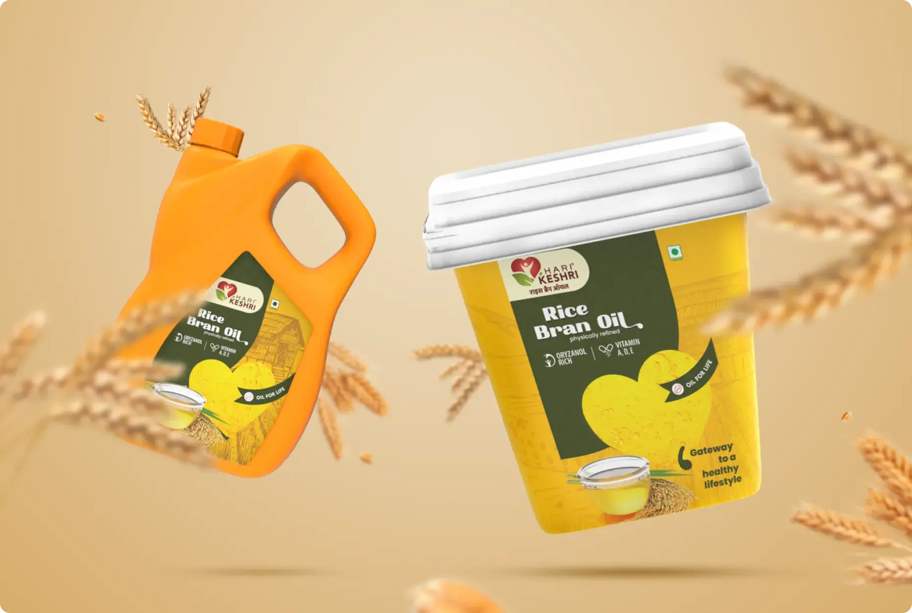 Hari Keshri Rice Bran Oil products displayed in vibrant green and yellow packaging by Integra Magna.