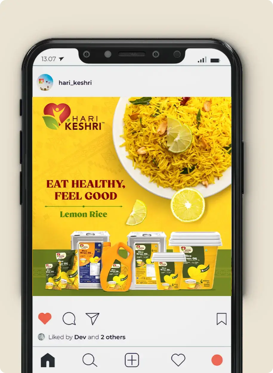 Hari Keshri Instagram post showcasing lemon rice with branding and product range.