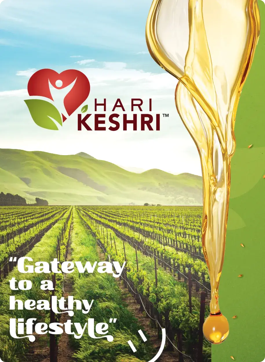 Hari Keshri promotional design with scenic farmland, logo, and flowing oil.