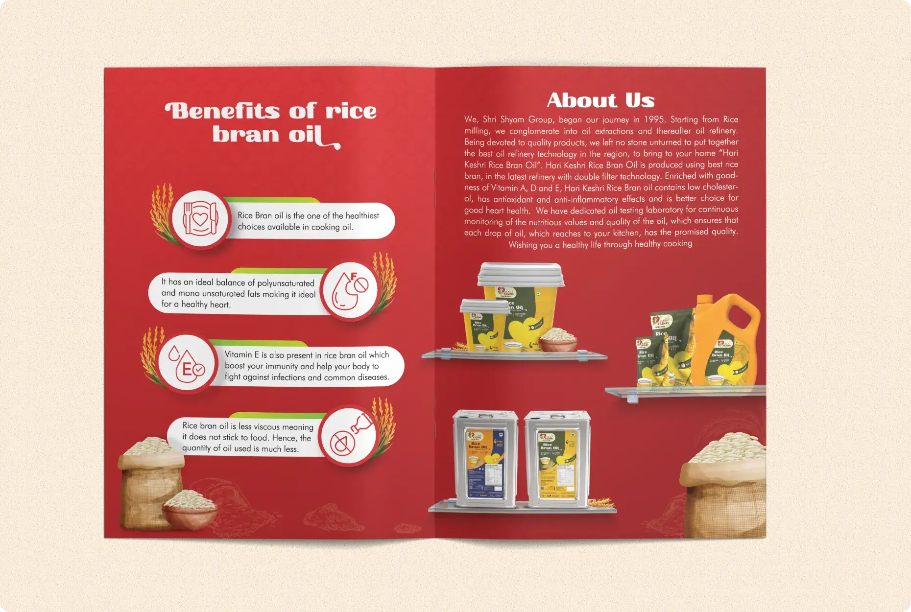 Hari Keshri brochure highlighting the benefits of rice bran oil alongside product images.