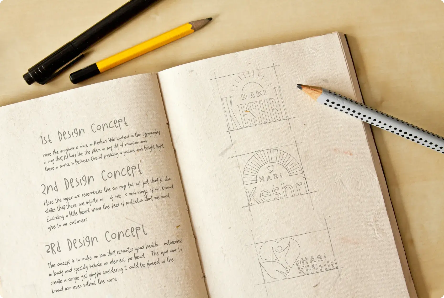 Notebook with Hari Keshri logo design concepts sketched 