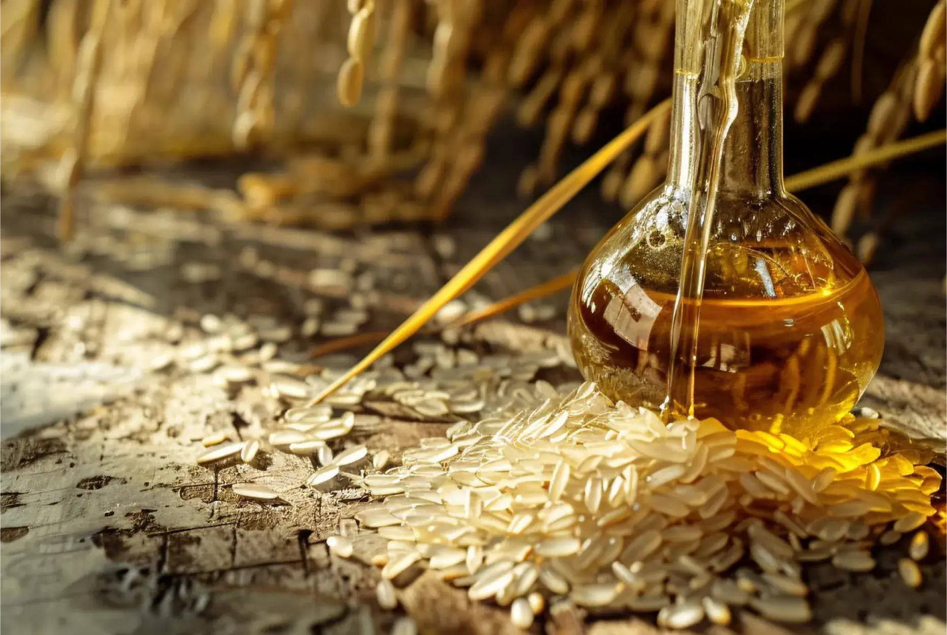 Glass container with rice bran oil and raw rice grains
