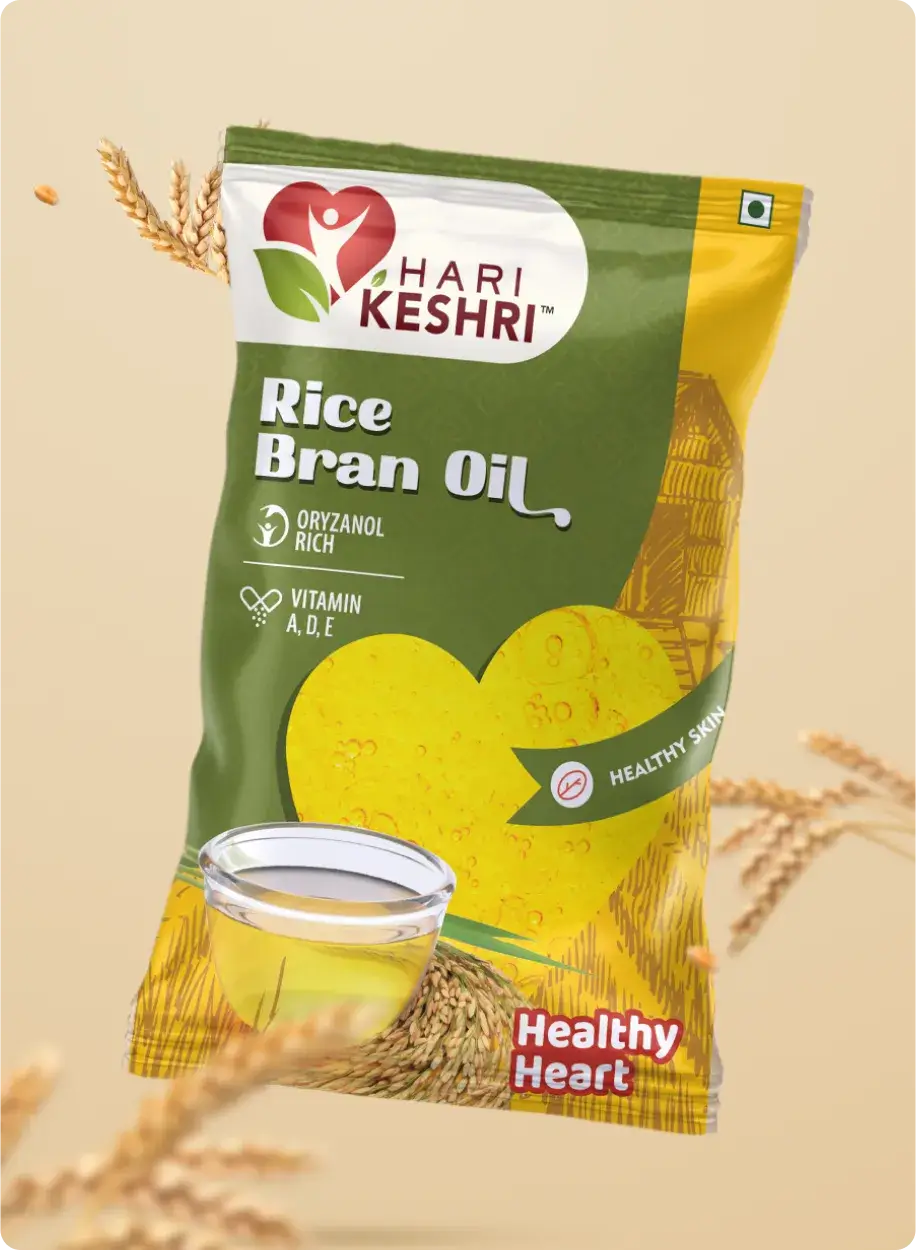 Hari Keshri Rice Bran Oil packet with green and yellow branding
