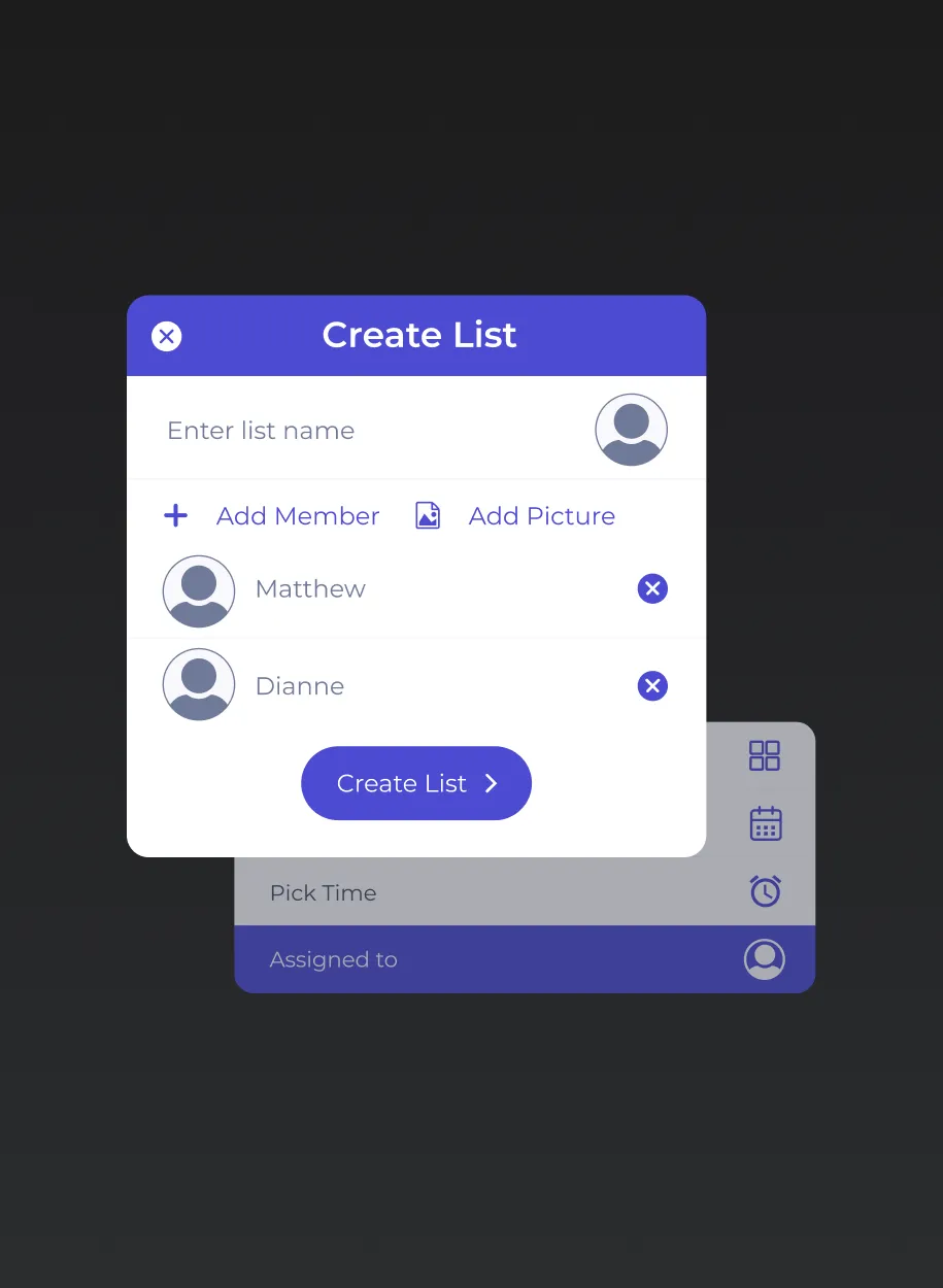 Create List interface with options to add members, add pictures, and list assigned members.