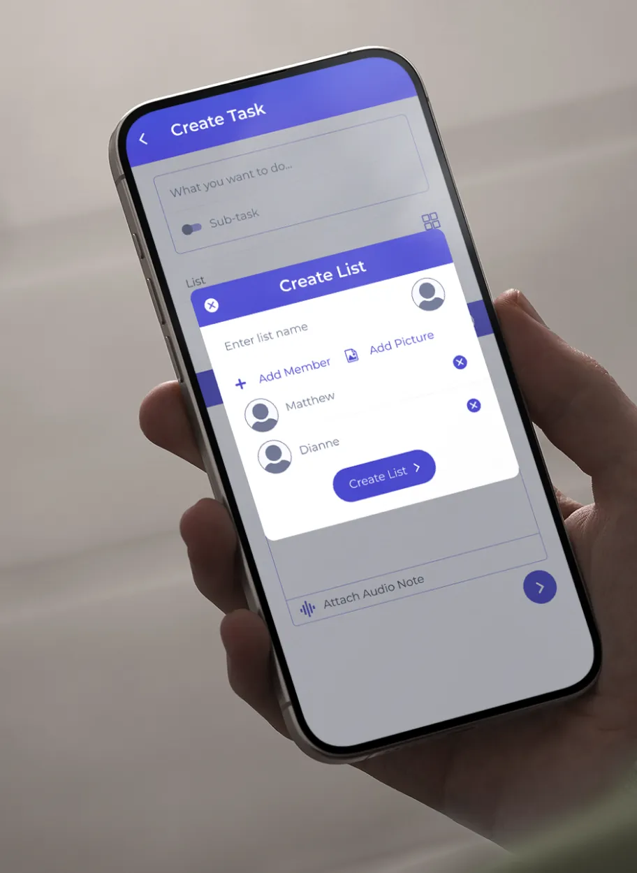 Hand holding a smartphone displaying the 'Create List' interface.