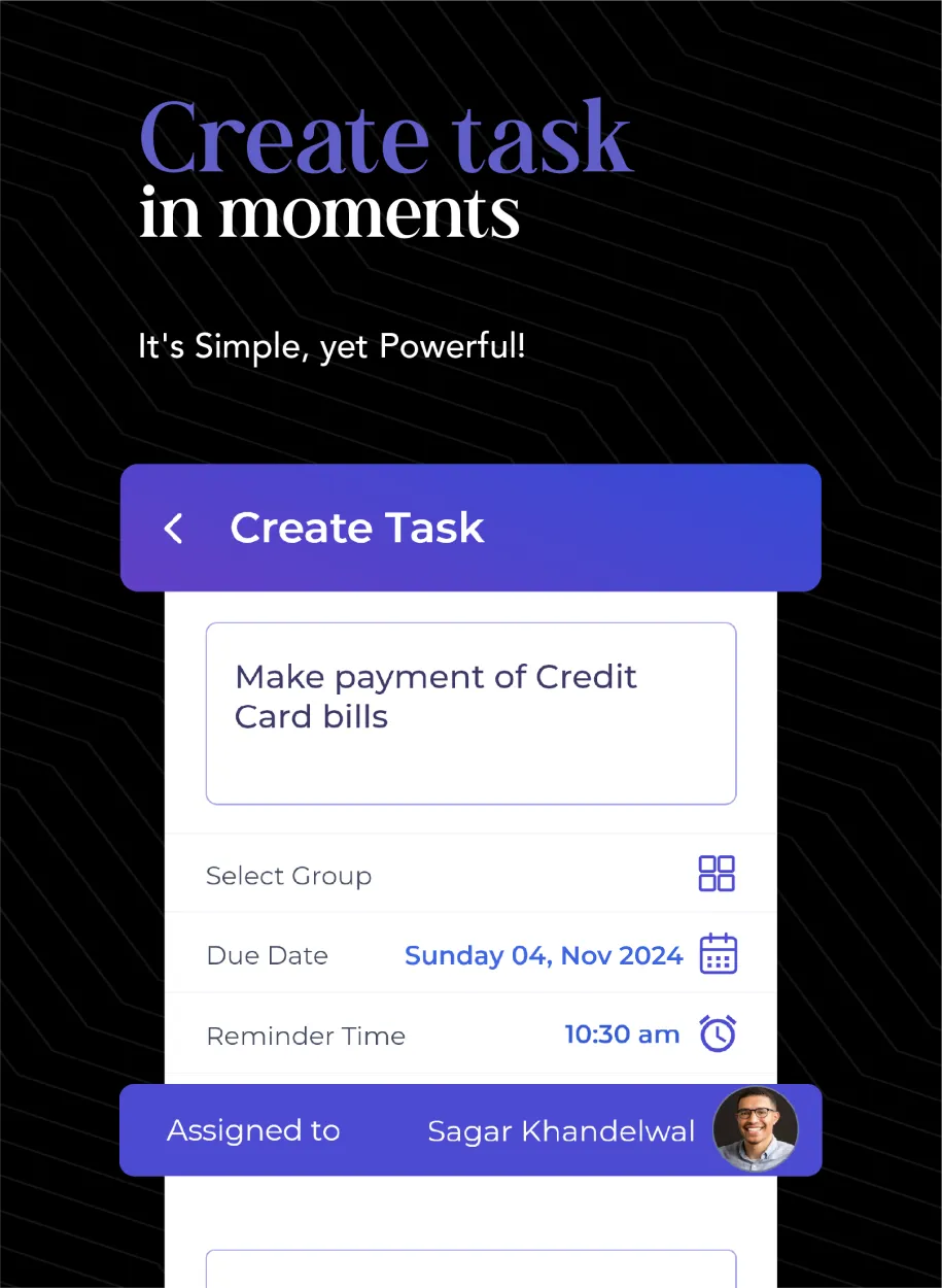 Displaying the 'Create Task' feature of a task management app with the message 'Create task in moments