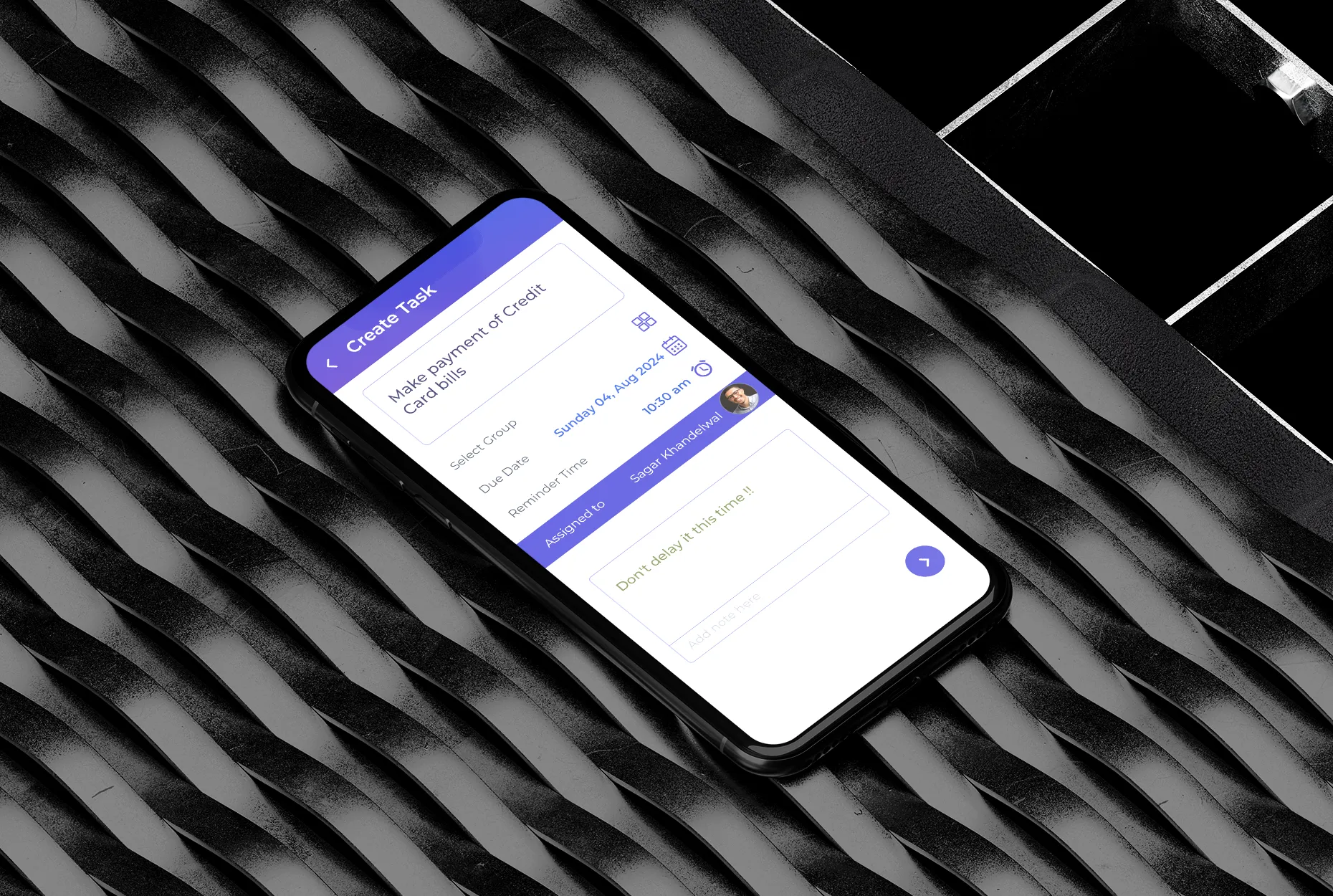 Smartphone displaying the 'Create Task' screen of a task management app, with other options.
