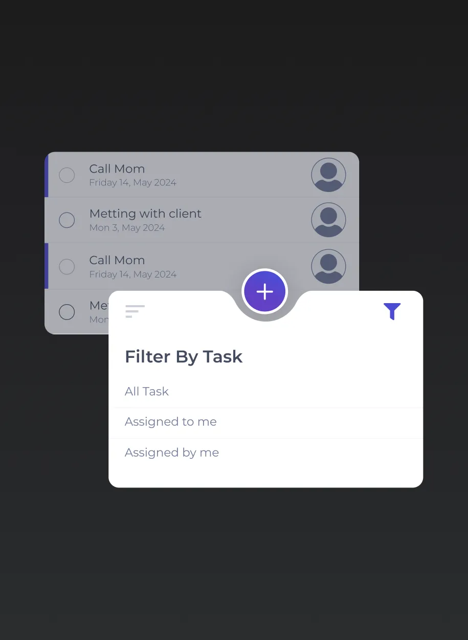 Task management app interface showing a 'Filter By Task' popup with options to view all tasks, tasks assigned to me, and tasks assigned by me.