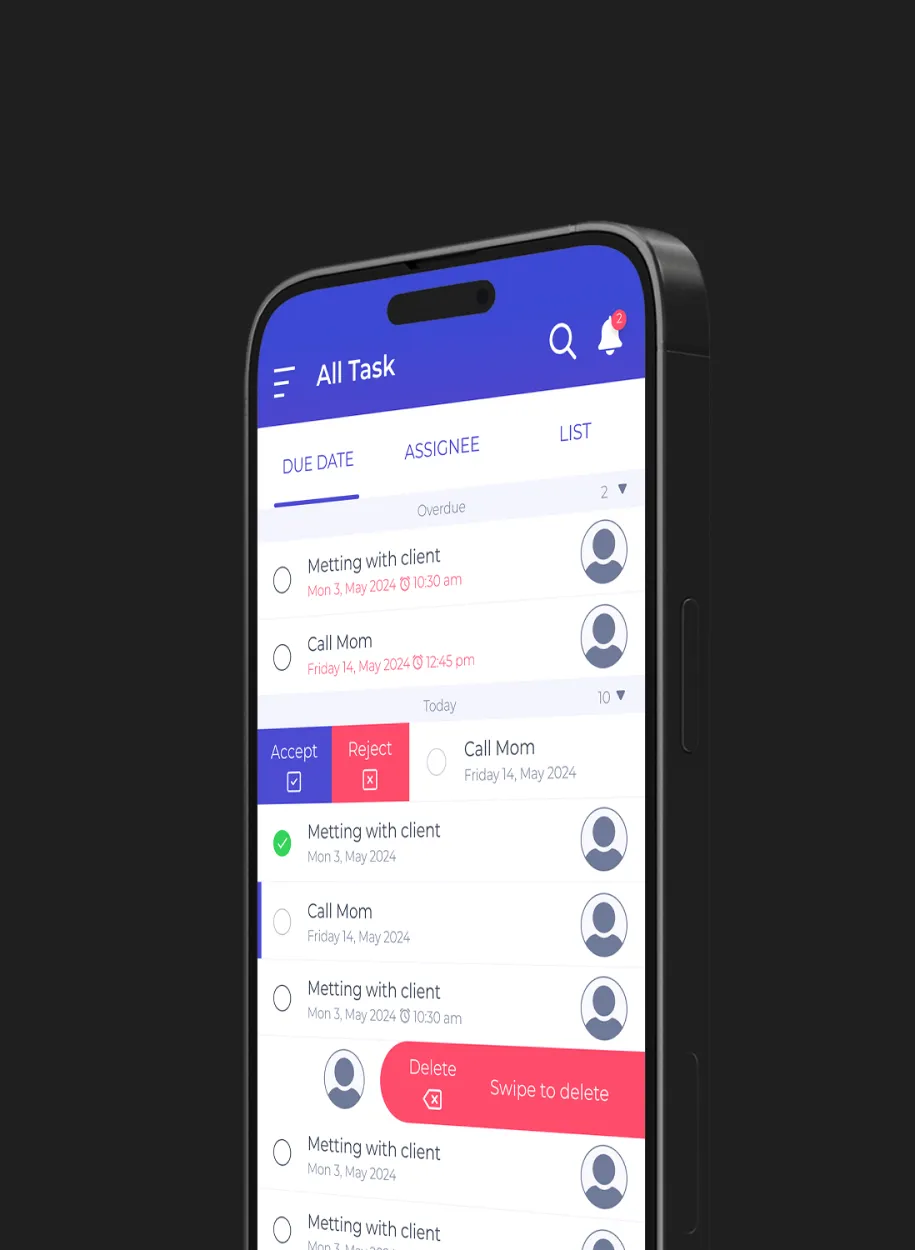 Smartphone screen showing a task management app with swipe actions.