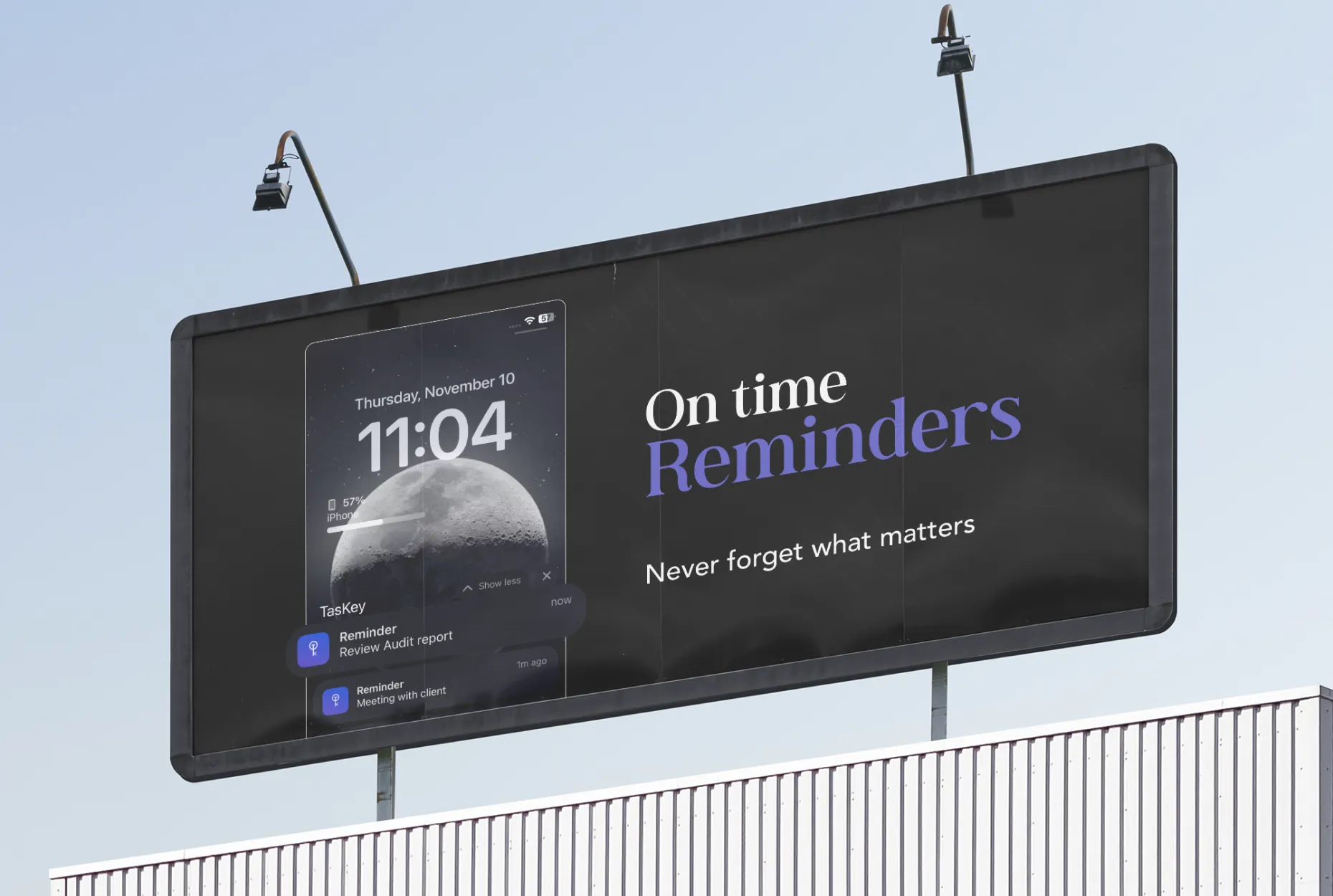 Billboard displaying Taskey app with a phone screen reminder notification and the text 'On time reminders - Never forget what matters.