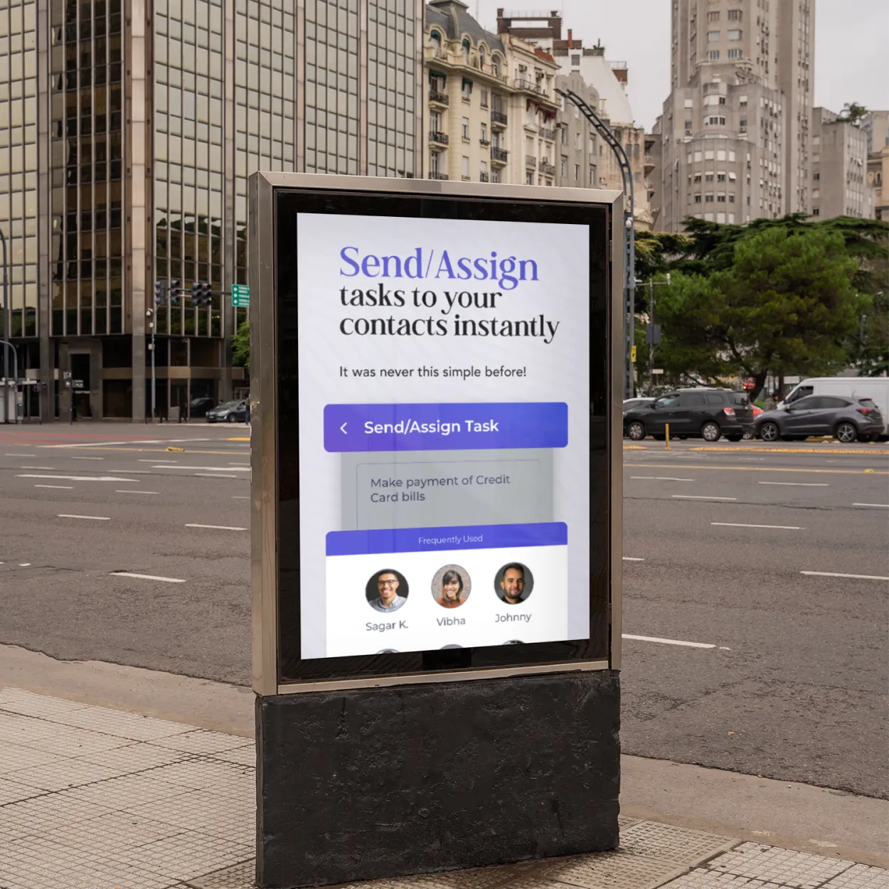 Street billboard displaying TasKey app with the message 'Send/Assign tasks to your contacts instantly' and a task management interface.
