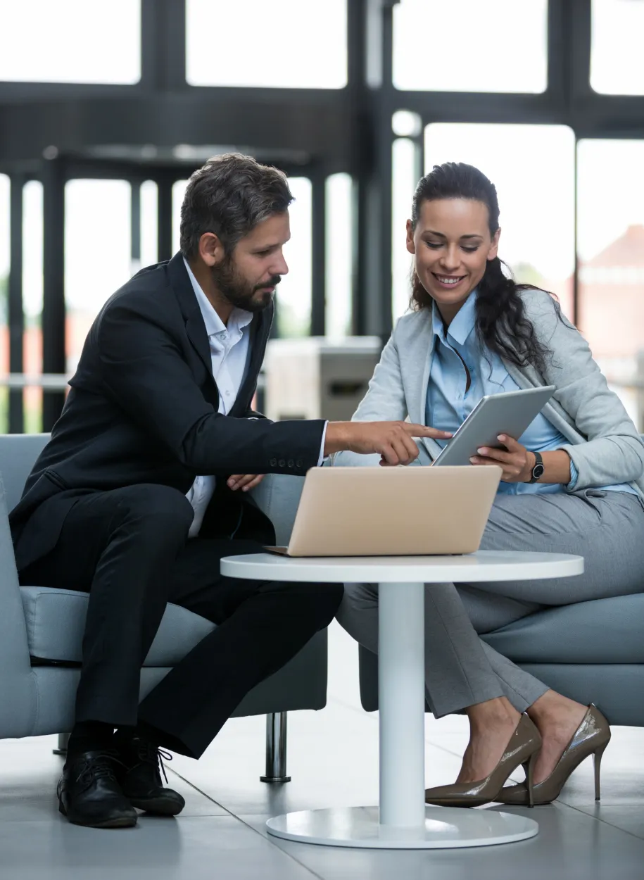 Two business professionals sitting together, discussing work on a tablet, with a laptop on the table in a modern office setting.